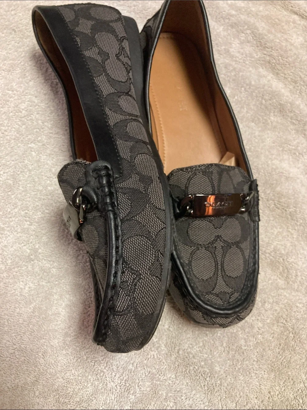 Coach Black Signature Canvas Driving Loafers with Gunmetal Hardware